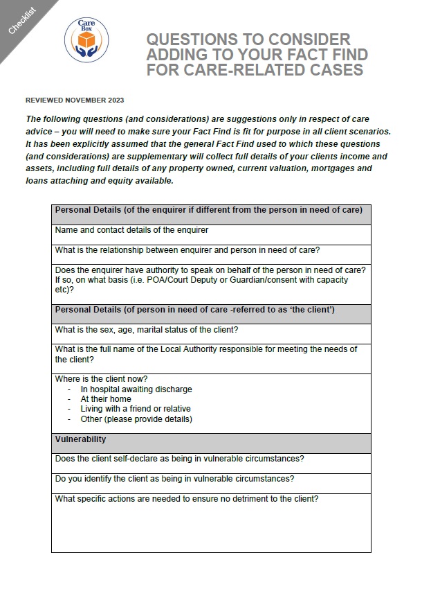 Questions to add to your factfind for care related